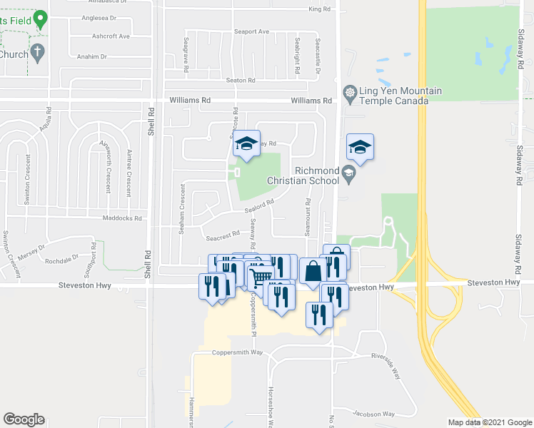map of restaurants, bars, coffee shops, grocery stores, and more near 10471 Seahaven Drive in Richmond