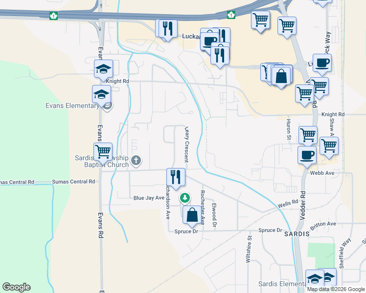 map of restaurants, bars, coffee shops, grocery stores, and more near 7413 Leary Crescent in Chilliwack