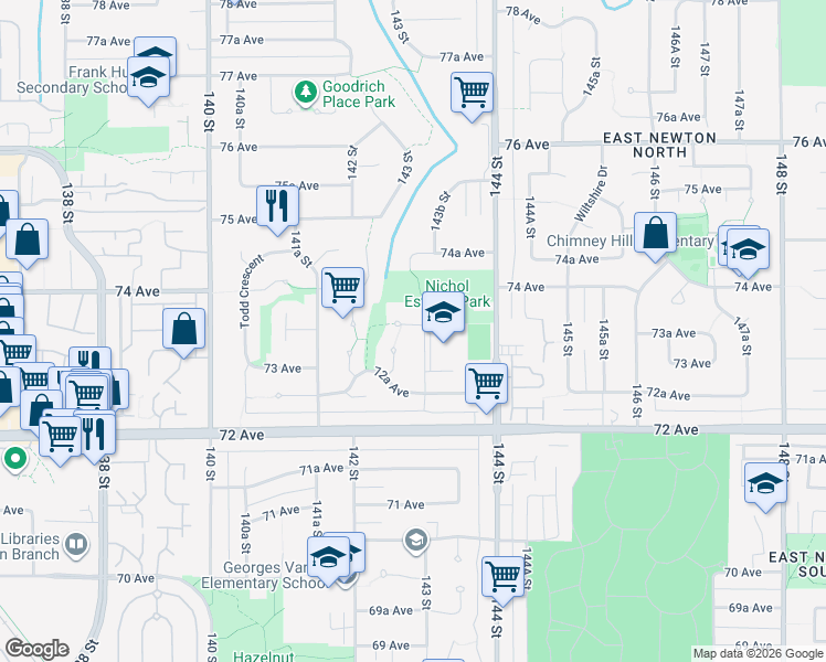 map of restaurants, bars, coffee shops, grocery stores, and more near 7345 143 Street in Surrey