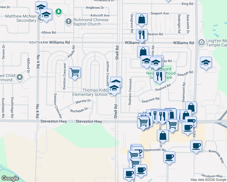 map of restaurants, bars, coffee shops, grocery stores, and more near 10971 Maddocks Road in Richmond