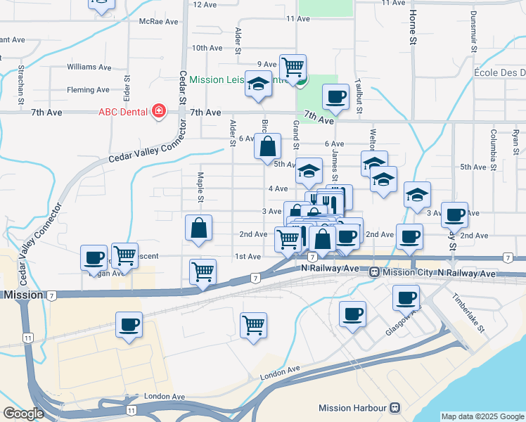 map of restaurants, bars, coffee shops, grocery stores, and more near 32945 3 Avenue in Mission
