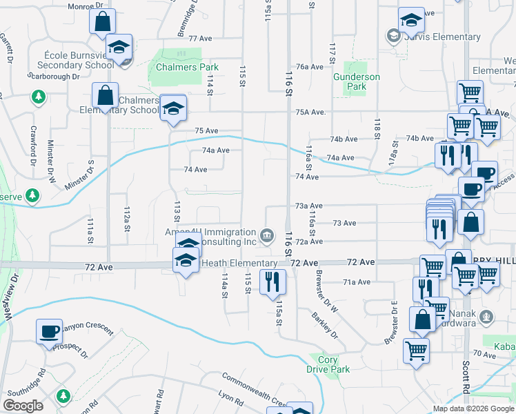 map of restaurants, bars, coffee shops, grocery stores, and more near 7321 115A Street in Delta
