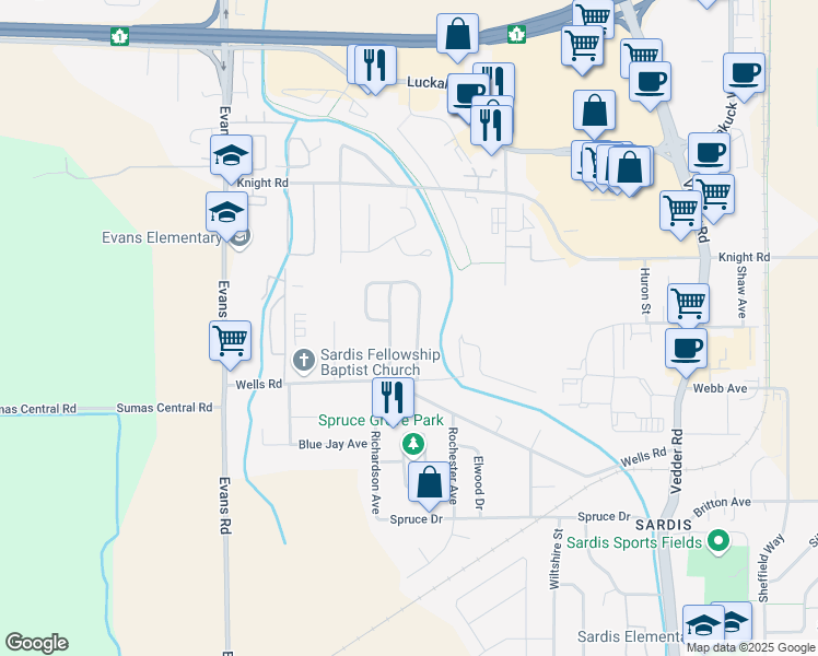 map of restaurants, bars, coffee shops, grocery stores, and more near 7413 Leary Crescent in Chilliwack