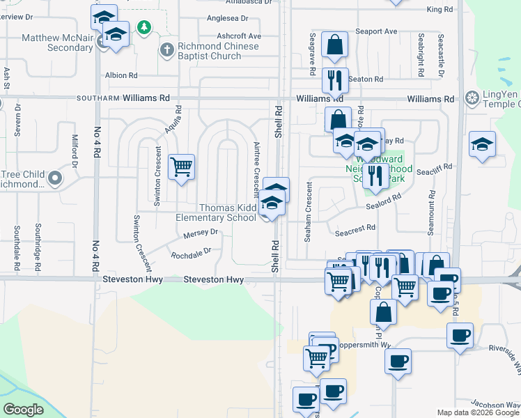 map of restaurants, bars, coffee shops, grocery stores, and more near 10931 Maddocks Road in Richmond