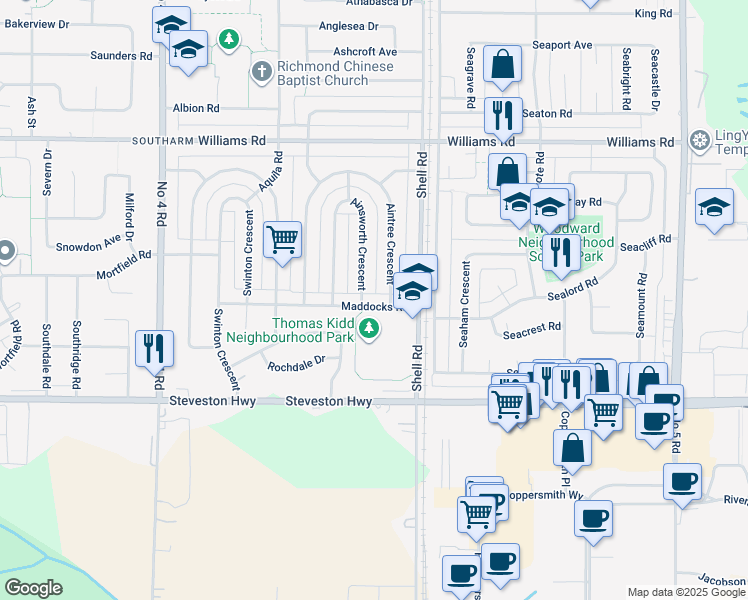 map of restaurants, bars, coffee shops, grocery stores, and more near 10891 Maddocks Road in Richmond