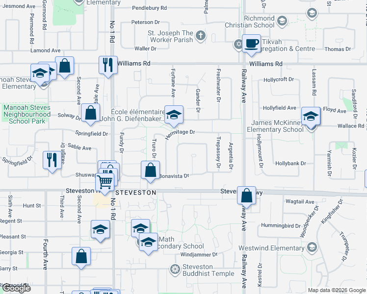map of restaurants, bars, coffee shops, grocery stores, and more near 10660 Canso Crescent in Richmond
