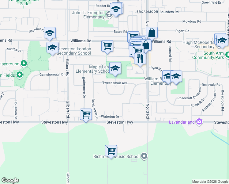 map of restaurants, bars, coffee shops, grocery stores, and more near 7611 Glacier Crescent in Richmond