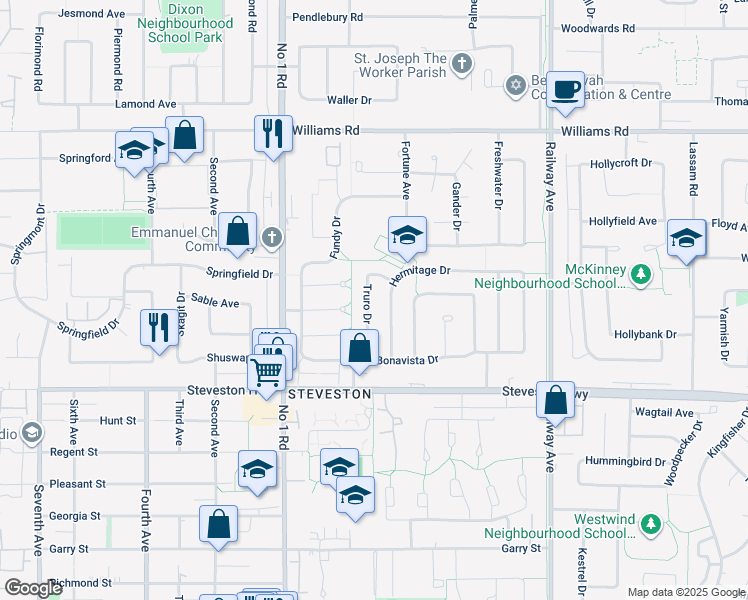 map of restaurants, bars, coffee shops, grocery stores, and more near 10606 Truro Drive in Richmond