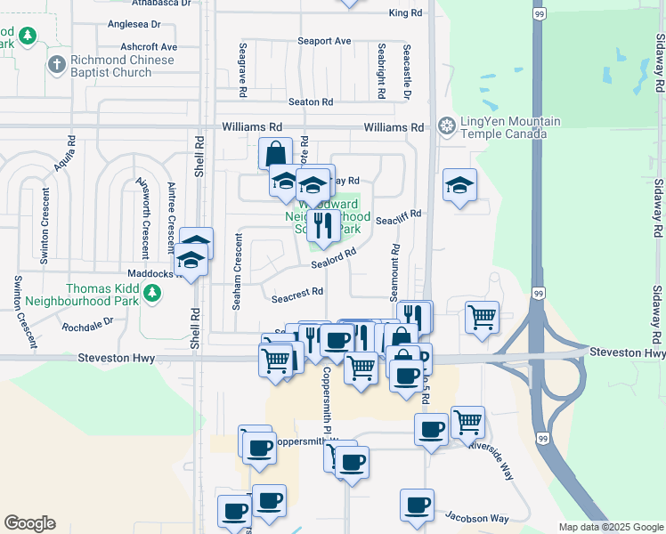 map of restaurants, bars, coffee shops, grocery stores, and more near 11440 Sealord Road in Richmond