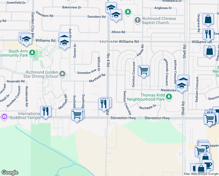 map of restaurants, bars, coffee shops, grocery stores, and more near 10380 Number 4 Road in Richmond