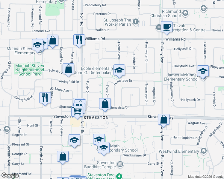 map of restaurants, bars, coffee shops, grocery stores, and more near 4395 Hermitage Drive in Richmond