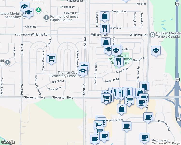 map of restaurants, bars, coffee shops, grocery stores, and more near 10480 Shell Road in Richmond