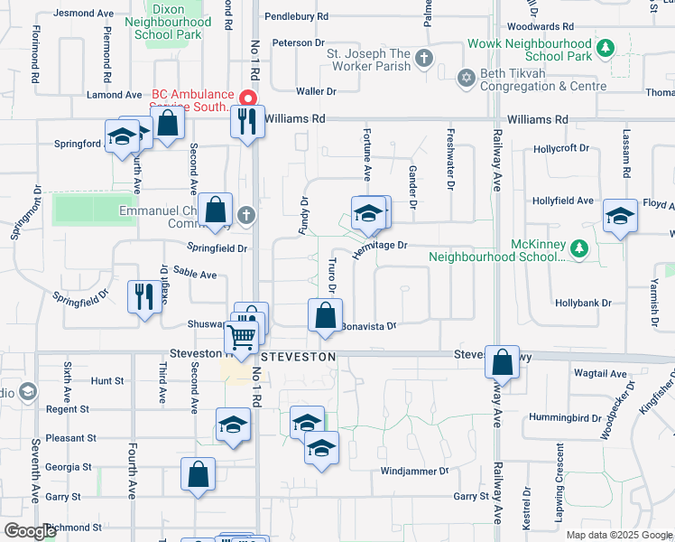 map of restaurants, bars, coffee shops, grocery stores, and more near 10606 Truro Drive in Richmond