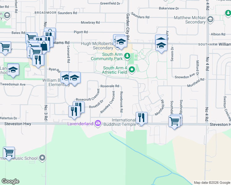 map of restaurants, bars, coffee shops, grocery stores, and more near 10660 Roselea Crescent in Richmond