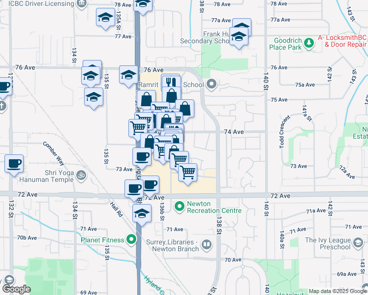 map of restaurants, bars, coffee shops, grocery stores, and more near 13706 74 Avenue in Surrey