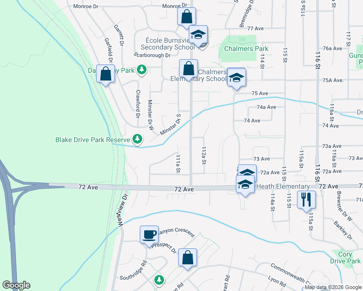 map of restaurants, bars, coffee shops, grocery stores, and more near 7334 111A Street in Delta