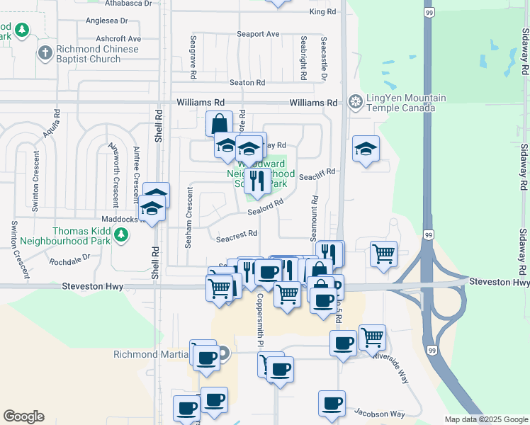 map of restaurants, bars, coffee shops, grocery stores, and more near 11440 Sealord Road in Richmond