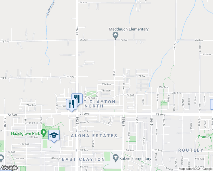 map of restaurants, bars, coffee shops, grocery stores, and more near 19358 73B Avenue in Surrey