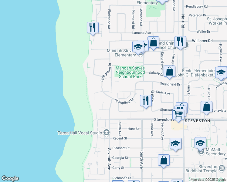map of restaurants, bars, coffee shops, grocery stores, and more near 3371 Springfield Drive in Richmond