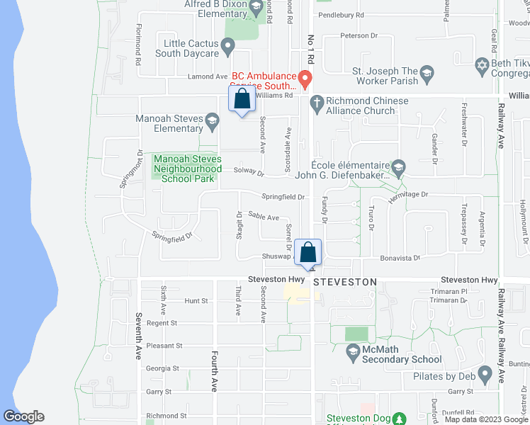 map of restaurants, bars, coffee shops, grocery stores, and more near 3571 Sable Avenue in Richmond
