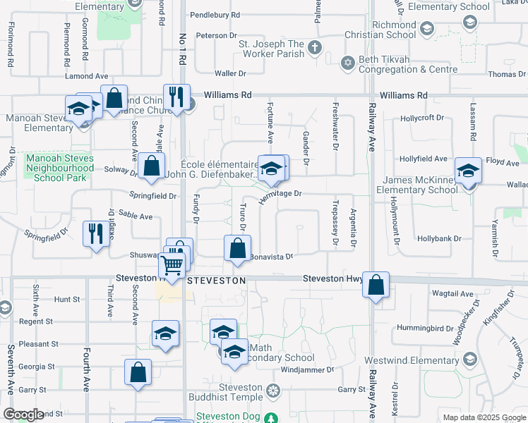 map of restaurants, bars, coffee shops, grocery stores, and more near 4420 Hermitage Drive in Richmond