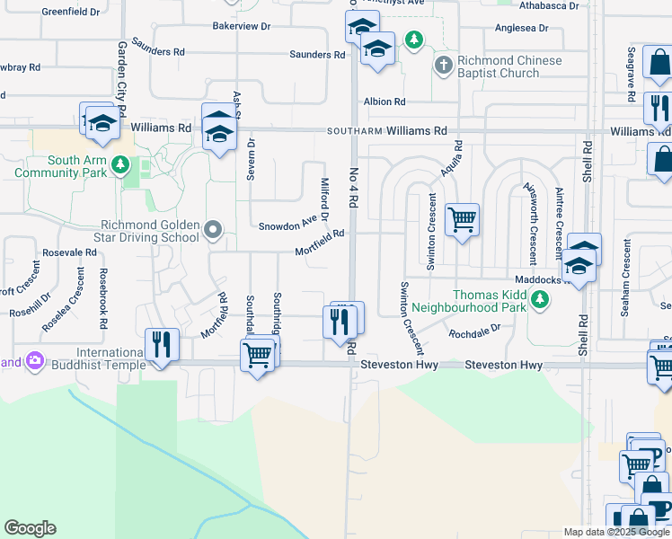 map of restaurants, bars, coffee shops, grocery stores, and more near 10691 Bromfield Place in Richmond