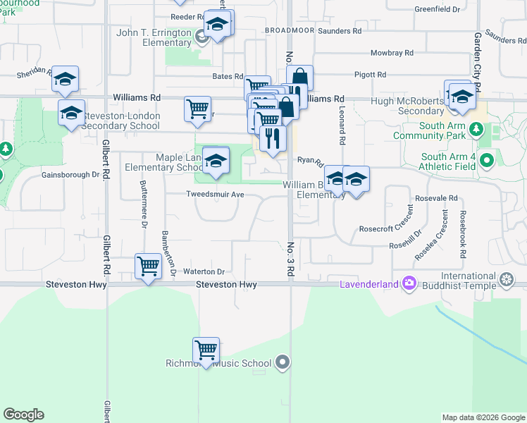 map of restaurants, bars, coffee shops, grocery stores, and more near 7740 Goldstream Drive in Richmond