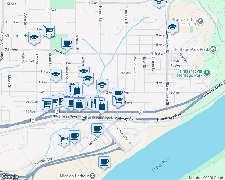 map of restaurants, bars, coffee shops, grocery stores, and more near 33369 3 Avenue in Mission