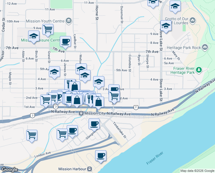 map of restaurants, bars, coffee shops, grocery stores, and more near 33363 3 Avenue in Mission