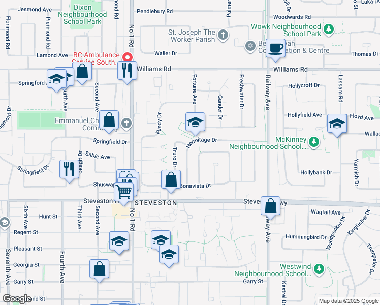 map of restaurants, bars, coffee shops, grocery stores, and more near 4420 Hermitage Drive in Richmond