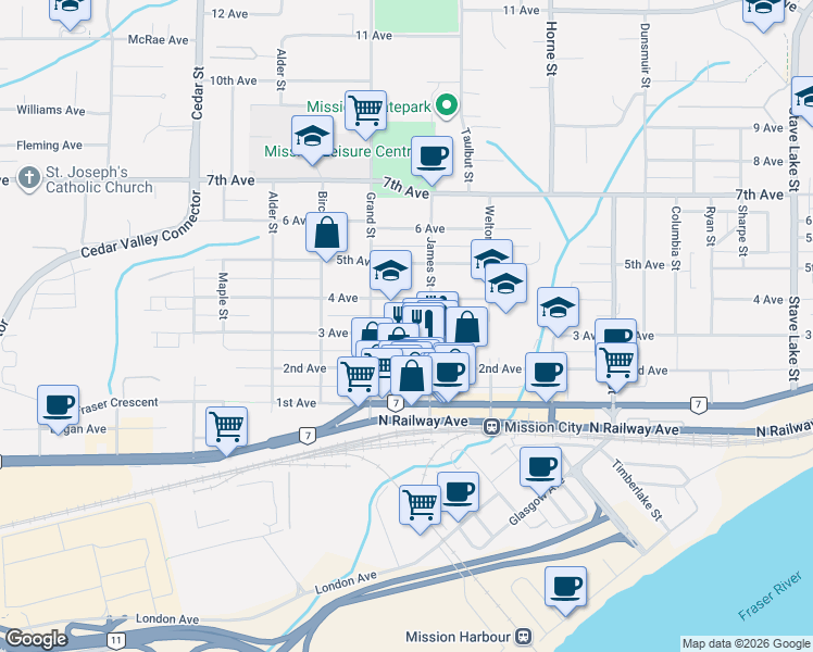 map of restaurants, bars, coffee shops, grocery stores, and more near 33063 3 Avenue in Mission