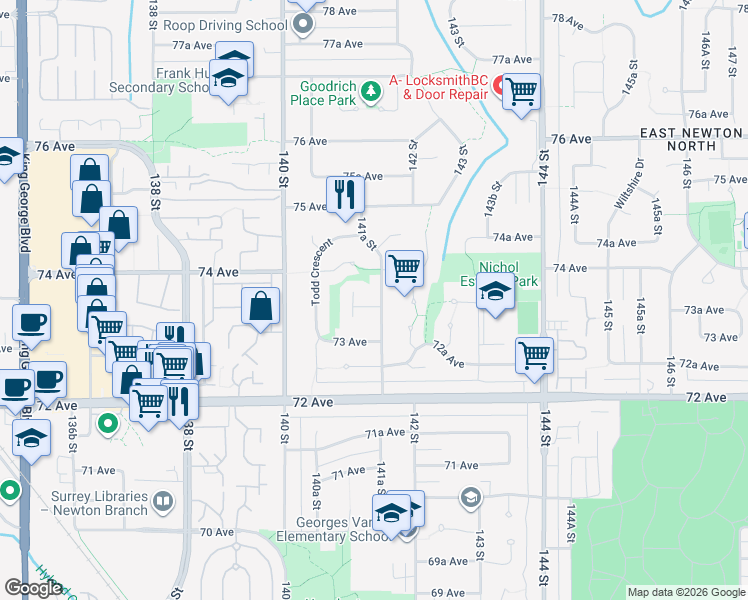 map of restaurants, bars, coffee shops, grocery stores, and more near 7351 141A Street in Surrey