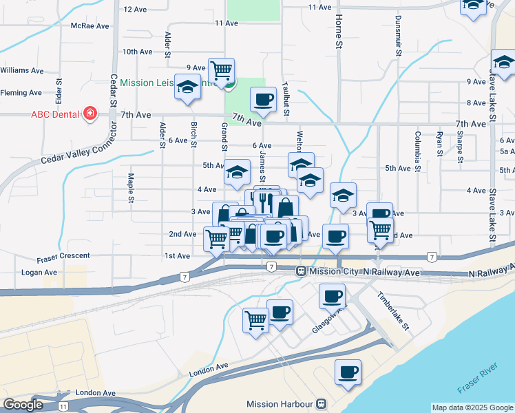 map of restaurants, bars, coffee shops, grocery stores, and more near 33091 3 Avenue in Mission