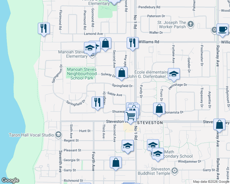 map of restaurants, bars, coffee shops, grocery stores, and more near 3571 Sable Avenue in Richmond