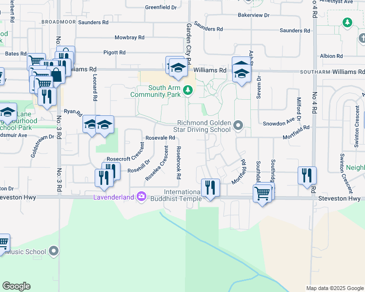 map of restaurants, bars, coffee shops, grocery stores, and more near 10560 Rosebrook Road in Richmond