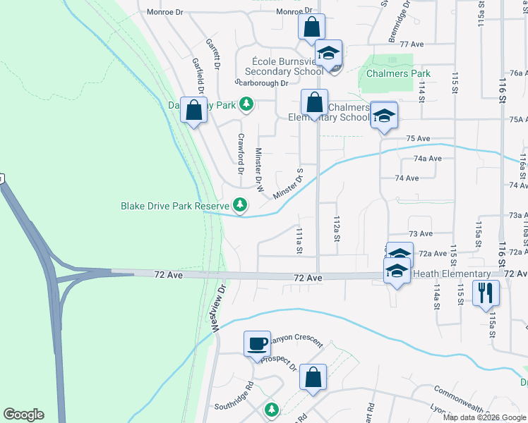 map of restaurants, bars, coffee shops, grocery stores, and more near 7346 Priory Place in Delta