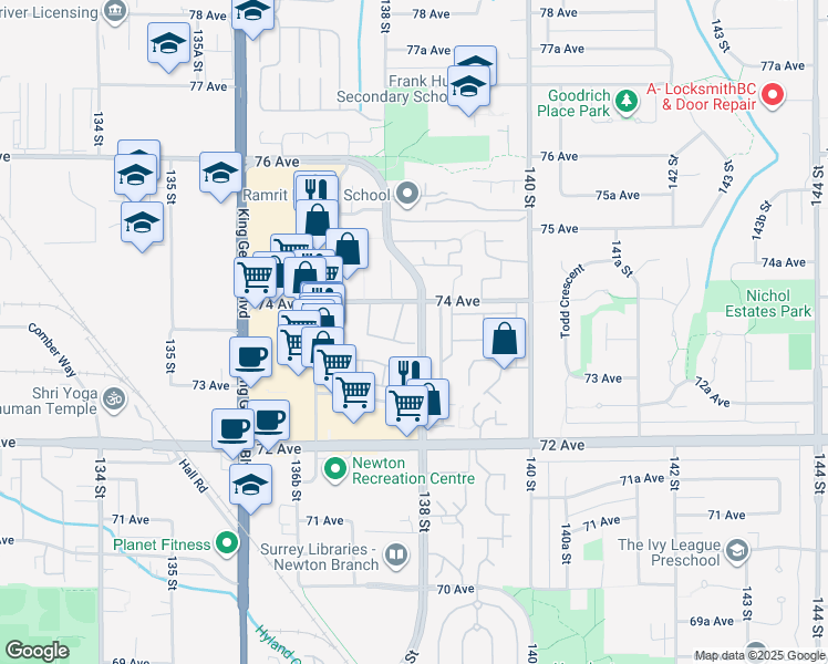 map of restaurants, bars, coffee shops, grocery stores, and more near 10 138 Street in Surrey