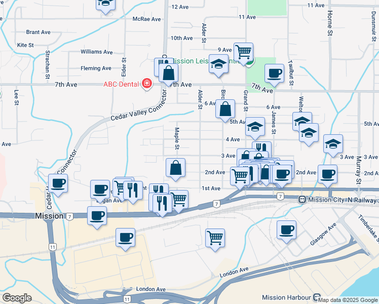 map of restaurants, bars, coffee shops, grocery stores, and more near 32865 3 Avenue in Mission