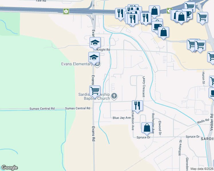map of restaurants, bars, coffee shops, grocery stores, and more near 7428 Evans Road in Chilliwack