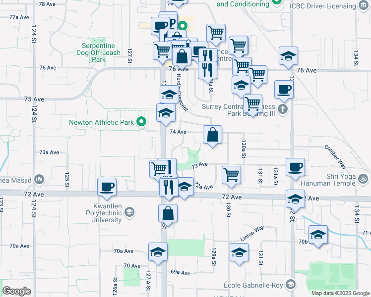 map of restaurants, bars, coffee shops, grocery stores, and more near 7342 128B Street in Surrey