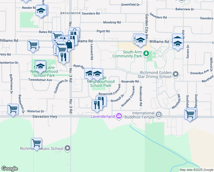 map of restaurants, bars, coffee shops, grocery stores, and more near 10271 Rosedene Crescent in Richmond