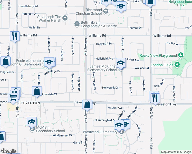 map of restaurants, bars, coffee shops, grocery stores, and more near 10440 Hollymount Drive in Richmond