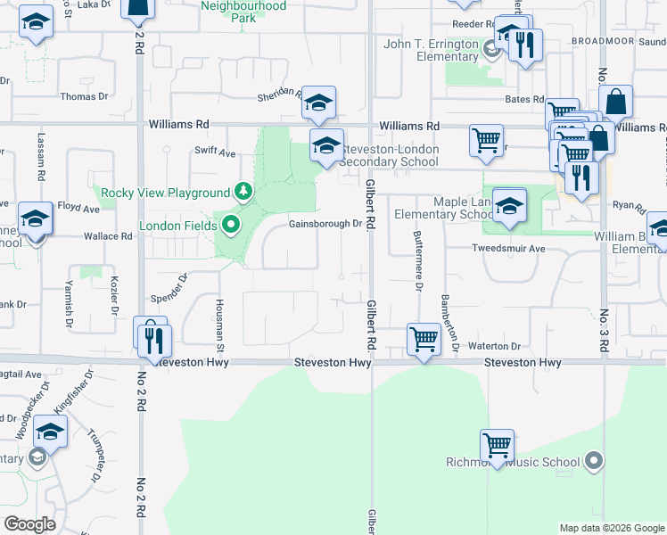 map of restaurants, bars, coffee shops, grocery stores, and more near 10395 Whistler Place in Richmond