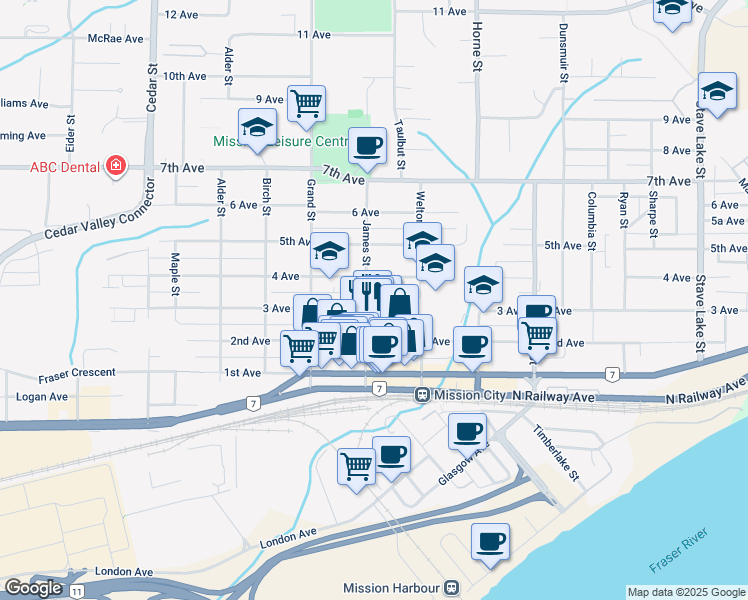 map of restaurants, bars, coffee shops, grocery stores, and more near 33150 4 Avenue in Mission