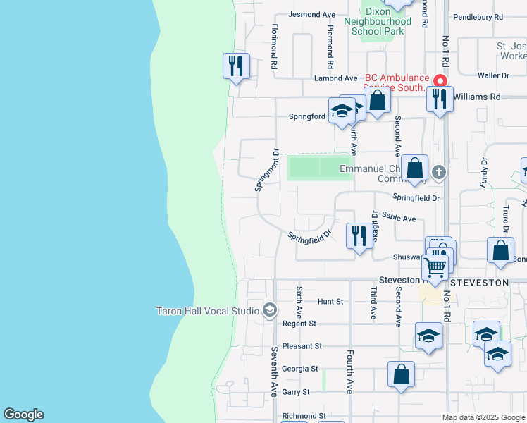 map of restaurants, bars, coffee shops, grocery stores, and more near 10900 Springmont Drive in Richmond