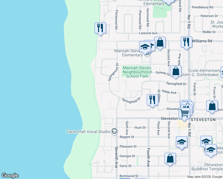 map of restaurants, bars, coffee shops, grocery stores, and more near 10900 Springmont Drive in Richmond