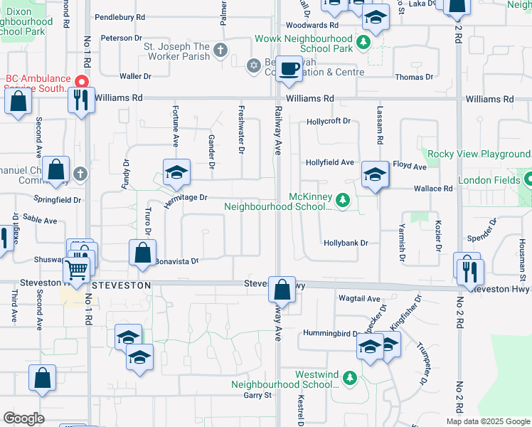 map of restaurants, bars, coffee shops, grocery stores, and more near 10620 Argentia Drive in Richmond