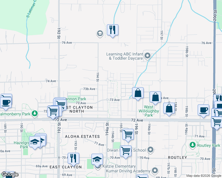 map of restaurants, bars, coffee shops, grocery stores, and more near 7374 194A Street in Surrey