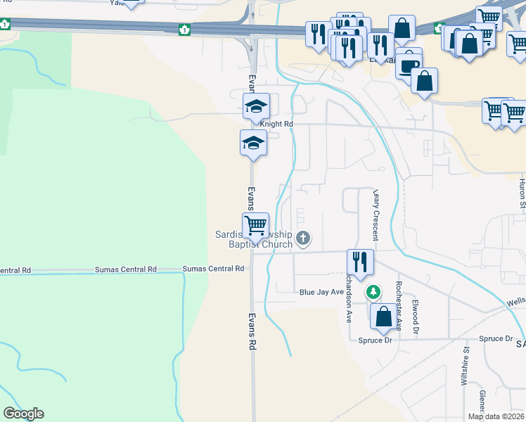 map of restaurants, bars, coffee shops, grocery stores, and more near 7428 Evans Road in Chilliwack