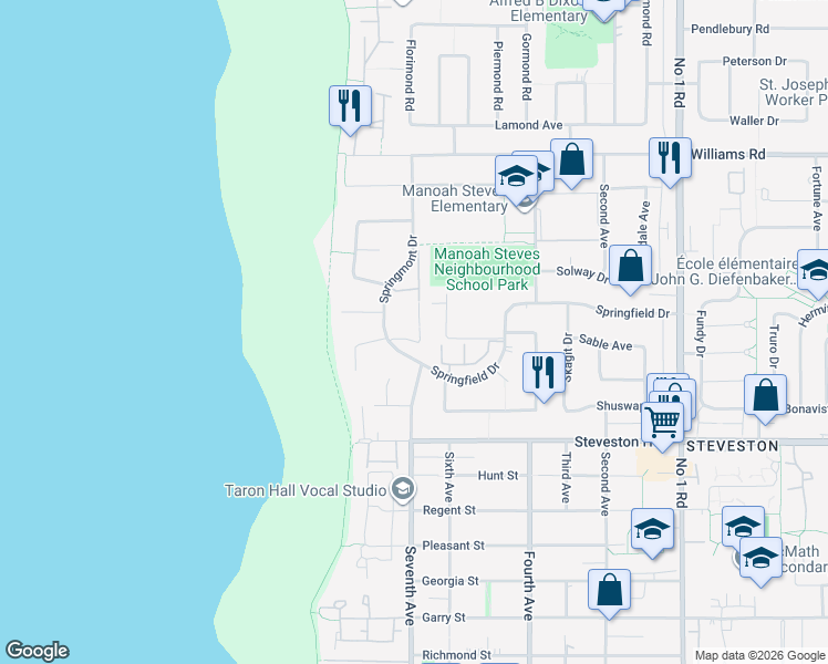 map of restaurants, bars, coffee shops, grocery stores, and more near 10940 Springmont Drive in Richmond